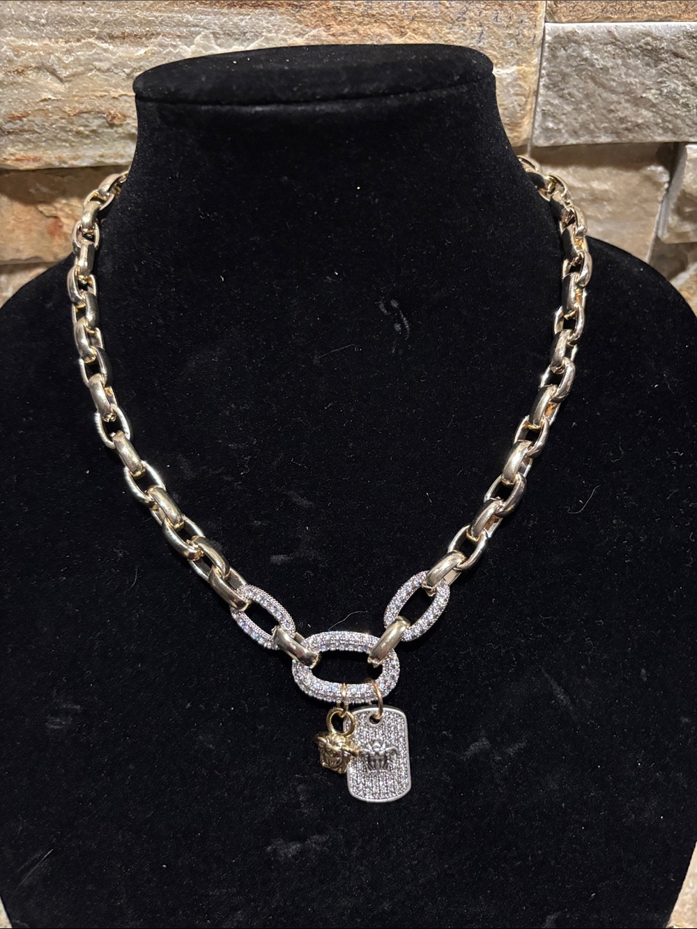 Gold-Tone Pave Link Necklace with Charm Pendant - Gold